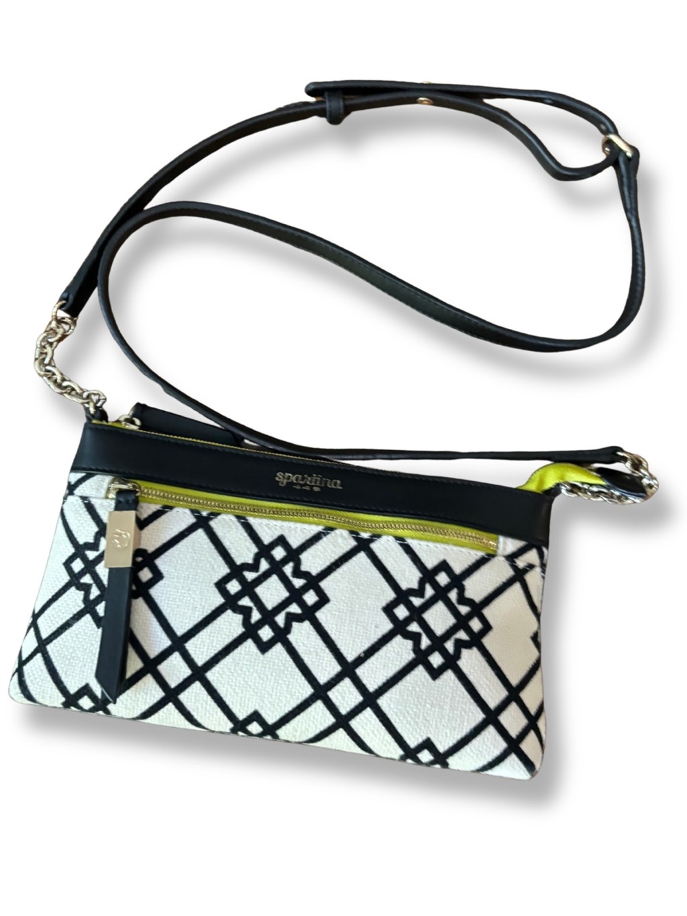Spartina 449 Black White Geometric Crossbody Bag Lime Green Accent